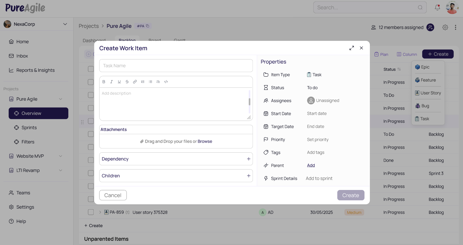 PureAgile Task Creation